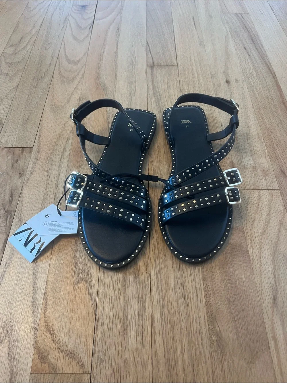 Zara Black Studded Strappy Flat Sandals - Picture 4 of 5